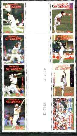 St Vincent - Grenadines 1988 Cricketers set of 8 in se-tenant gutter pairs (folded through gutters) from uncut archive proof sheets unmounted mint (SG 573-80)