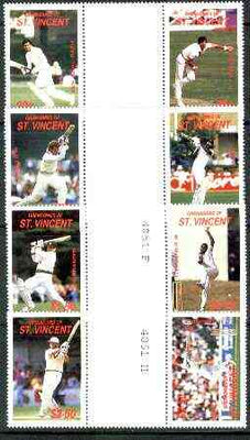 St Vincent - Grenadines 1988 Cricketers set of 8 in se-tenant gutter pairs (folded through gutters) from uncut archive proof sheets unmounted mint (SG 573-80)
