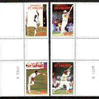 St Vincent - Grenadines 1988 Cricketers set of 8 in se-tenant cross-gutter block (folded through gutters) from uncut archive proof sheet (SG 573-80) some split perfs & wrinkles but a rare archive item unmounted mint