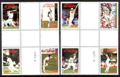 St Vincent - Grenadines 1988 Cricketers set of 8 in se-tenant cross-gutter block (folded through gutters) from uncut archive proof sheet (SG 573-80) some split perfs & wrinkles but a rare archive item unmounted mint
