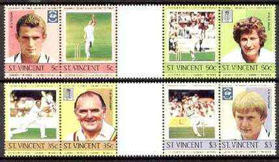 St Vincent 1985 Cricketers (Leaders of the World) set of 8 in se-tenant gutter pairs (folded through gutters) from uncut archive proof sheets unmounted mint (SG 842-49)