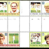 St Vincent 1985 Cricketers (Leaders of the World) set of 8 in se-tenant cross-gutter block (folded through gutters) from uncut archive proof sheet (SG 842-49) some split perfs & wrinkles but a rare archive item unmounted mint