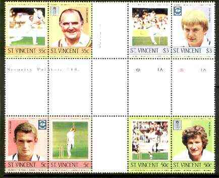 St Vincent 1985 Cricketers (Leaders of the World) set of 8 in se-tenant cross-gutter block (folded through gutters) from uncut archive proof sheet (SG 842-49) some split perfs & wrinkles but a rare archive item unmounted mint