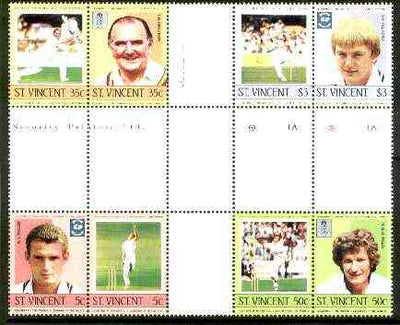 St Vincent 1985 Cricketers (Leaders of the World) set of 8 in se-tenant cross-gutter block (folded through gutters) from uncut archive proof sheet (SG 842-49) some split perfs & wrinkles but a rare archive item unmounted mint