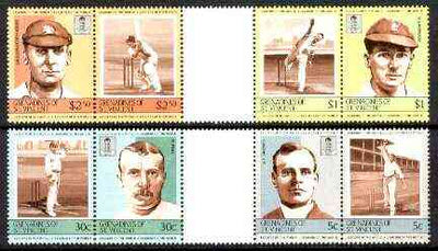 St Vincent - Grenadines 1984 Cricketers #2 (Leaders of the World) set of 8 in se-tenant gutter pairs (folded through gutters) from uncut archive proof sheets (SG 331-38) unmounted mint