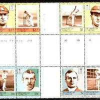 St Vincent - Grenadines 1984 Cricketers #2 (Leaders of the World) set of 8 in se-tenant cross-gutter block (folded through gutters) from uncut archive proof sheet (SG 331-38) some split perfs & wrinkles but a rare archive item unmounted mint