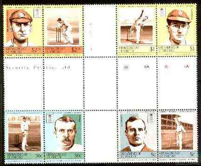 St Vincent - Grenadines 1984 Cricketers #2 (Leaders of the World) set of 8 in se-tenant cross-gutter block (folded through gutters) from uncut archive proof sheet (SG 331-38) some split perfs & wrinkles but a rare archive item unmounted mint