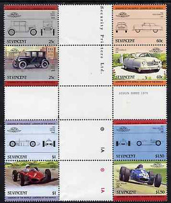 St Vincent 1985 Cars #4 (Leaders of the World) set of 8 in se-tenant cross-gutter block (folded through gutters or perfs) from uncut archive proof sheet (SG 884-91) some split perfs & wrinkles but a rare archive item unmounted mint