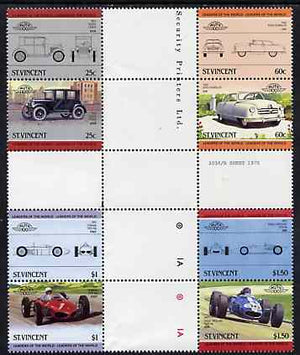 St Vincent 1985 Cars #4 (Leaders of the World) set of 8 in se-tenant cross-gutter block (folded through gutters or perfs) from uncut archive proof sheet (SG 884-91) some split perfs & wrinkles but a rare archive item unmounted mint