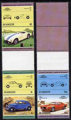 St Vincent 1985 Cars #3 (Leaders of the World) set of 6 (plus coloured labels) in se-tenant gutter pairs (folded through gutters or perfs) from uncut archive proof sheets unmounted mint (SG 862-67)