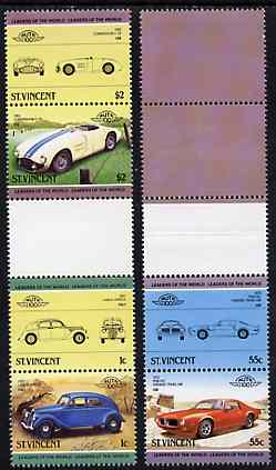 St Vincent 1985 Cars #3 (Leaders of the World) set of 6 (plus coloured labels) in se-tenant gutter pairs (folded through gutters or perfs) from uncut archive proof sheets unmounted mint (SG 862-67)