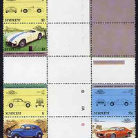 St Vincent 1985 Cars #3 (Leaders of the World) set of 6 (plus coloured labels) in se-tenant cross-gutter block (folded through gutters or perfs) from uncut archive proof sheet (SG 862-67) some split perfs & wrinkles but a rare archive item unmounted mint