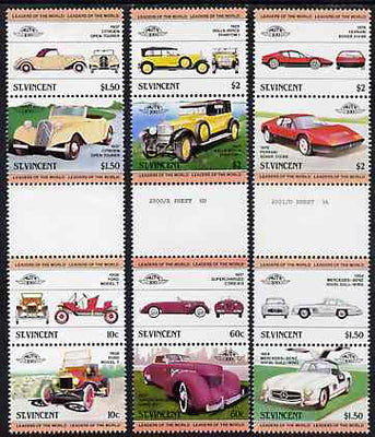 St Vincent 1984 Cars #1 (Leaders of the World) set of 12 in se-tenant gutter pairs (folded through perfs) from uncut archive proof sheets (SG 727-38) unmounted mint