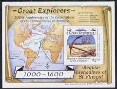 St Vincent - Bequia 1988 Explorers $5 m/sheet (Map & Anchor) imperf progressive proof in magenta, blue, yellow & black (pale green border omitted) unmounted mint.