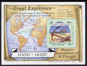St Vincent - Bequia 1988 Explorers $5 m/sheet (Map & Anchor) imperf opt'd SPECIMEN unmounted mint.