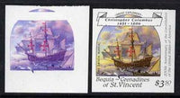 St Vincent - Bequia 1988 Explorers $3.50 (Columbus's Santa Maria) unmounted mint imperf progressive proofs in magenta & blue, and magenta, blue, yellow & black (2 proofs)*.