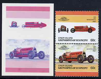 St Vincent - Union Island 1986 Cars #4 (Leaders of the World) 60c (1924 Fiat) die proof in red and blue only (missing Country name, inscription & value) on Cromalin plastic card (ex archives) plus issued stamp