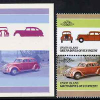 St Vincent - Union Island 1986 Cars #4 (Leaders of the World) $1 (1934 Chrysler) die proof in red and blue only (missing Country name, inscription & value) on Cromalin plastic card (ex archives) plus issued stamp