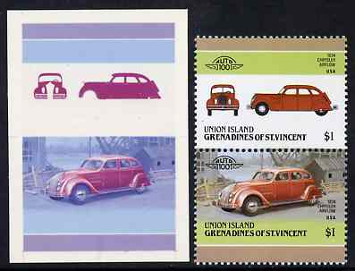 St Vincent - Union Island 1986 Cars #4 (Leaders of the World) $1 (1934 Chrysler) die proof in red and blue only (missing Country name, inscription & value) on Cromalin plastic card (ex archives) plus issued stamp