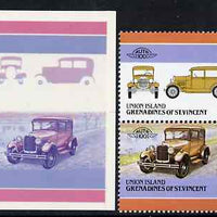 St Vincent - Union Island 1986 Cars #4 (Leaders of the World) $3 (1928 Ford Model 'A') die proof in red and blue only (missing Country name, inscription & value) on Cromalin plastic card (ex archives) plus issued stamp