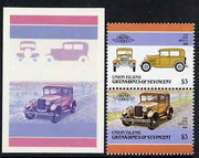 St Vincent - Union Island 1986 Cars #4 (Leaders of the World) $3 (1928 Ford Model 'A') die proof in red and blue only (missing Country name, inscription & value) on Cromalin plastic card (ex archives) plus issued stamp