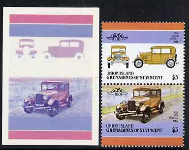 St Vincent - Union Island 1986 Cars #4 (Leaders of the World) $3 (1928 Ford Model 'A') die proof in red and blue only (missing Country name, inscription & value) on Cromalin plastic card (ex archives) plus issued stamp