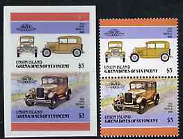St Vincent - Union Island 1986 Cars #4 (Leaders of the World) $3 (1928 Ford Model 'A') full colour die proof on Cromalin plastic card (ex archives) plus issued stamp