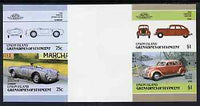 St Vincent - Union Island 1986 Cars #4 (Leaders of the World) imperf se-tenant gutter pair comprising $1 (1934 Chrysler) & 75c (1954 Porsche) folded through gutter & 75c pair creased but rare ex archive item unmounted mint