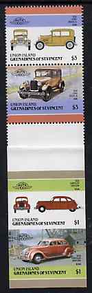 St Vincent - Union Island 1986 Cars #4 (Leaders of the World) se-tenant gutter pair comprising $1 (1934 Chrysler) & $3 (1928 Ford Model 'A'), the $3 pair is perf and,$1 pair imperf, folded through gutter, a rare ex archive item unmounted mint