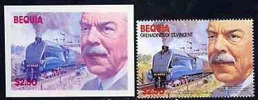 St Vincent - Bequia 1986 Locomotives & Engineers (Leaders of the World) $2.50 (Sir Nigel Gresley & Mallard) die proof in red and blue only (missing detail & inscription) on Cromalin plastic card (ex archives) plus issued stamp
