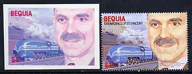 St Vincent - Bequia 1986 Locomotives & Engineers (Leaders of the World) $3.00 (Sir William Stanier & Coronation) die proof in red and blue only (missing detail & inscription) on Cromalin plastic card (ex archives) plus issued stamp