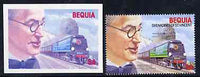 St Vincent - Bequia 1986 Locomotives & Engineers (Leaders of the World) $4.00 (Oliver Bullied & Battle of Britain Class) die proof in red and blue only (missing detail & inscription) on Cromalin plastic card (ex archives) plus issued stamp