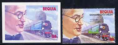 St Vincent - Bequia 1986 Locomotives & Engineers (Leaders of the World) $4.00 (Oliver Bullied & Battle of Britain Class) die proof in red and blue only (missing detail & inscription) on Cromalin plastic card (ex archives) plus issued stamp