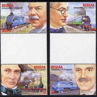 St Vincent - Bequia 1986 Locomotives & Engineers (Leaders of the World) set of 4 se-tenant gutter pairs (folded through gutters or perfs) from uncut archive proof sheets unmounted mint