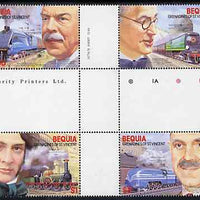 St Vincent - Bequia 1986 Locomotives & Engineers (Leaders of the World) set of 4 in se-tenant cross-gutter block (folded through perfs) from uncut archive proof sheet, some split perfs & wrinkles but a rare archive item unmounted mint
