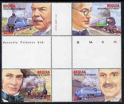 St Vincent - Bequia 1986 Locomotives & Engineers (Leaders of the World) set of 4 in se-tenant cross-gutter block (folded through perfs) from uncut archive proof sheet, some split perfs & wrinkles but a rare archive item unmounted mint