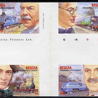 St Vincent - Bequia 1986 Locomotives & Engineers (Leaders of the World) set of 4 in imperf se-tenant cross-gutter block (folded through gutter) from uncut archive proof sheet, a rare archive item unmounted mint