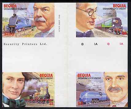 St Vincent - Bequia 1986 Locomotives & Engineers (Leaders of the World) set of 4 in imperf se-tenant cross-gutter block (folded through gutter) from uncut archive proof sheet, a rare archive item unmounted mint