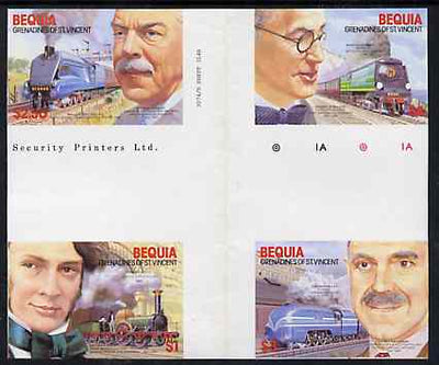 St Vincent - Bequia 1986 Locomotives & Engineers (Leaders of the World) set of 4 in imperf se-tenant cross-gutter block (folded through gutter) from uncut archive proof sheet, a rare archive item unmounted mint