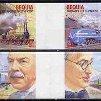 St Vincent - Bequia 1986 Locomotives & Engineers (Leaders of the World) set of 4 imperf se-tenant gutter pairs (folded through gutters) from uncut archive proof sheet unmounted mint