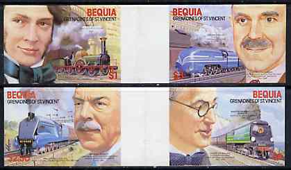 St Vincent - Bequia 1986 Locomotives & Engineers (Leaders of the World) set of 4 imperf se-tenant gutter pairs (folded through gutters) from uncut archive proof sheet unmounted mint