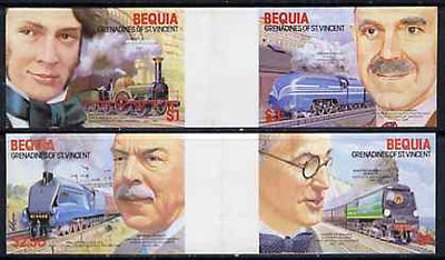 St Vincent - Bequia 1986 Locomotives & Engineers (Leaders of the World) set of 4 imperf se-tenant gutter pairs (folded through gutters) from uncut archive proof sheet unmounted mint
