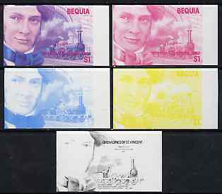 St Vincent - Bequia 1986 Locomotives & Engineers (Leaders of the World) $1.00 (Sir Daniel Gooch & Firefly) set of 5 imperf progressive proofs comprising the 4 individual colours plus blue & magenta composite* unmounted mint