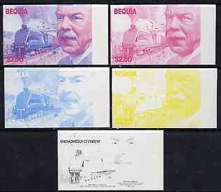 St Vincent - Bequia 1986 Locomotives & Engineers (Leaders of the World) $2.50 (Sir Nigel Gresley & Mallard) set of 5 imperf progressive proofs comprising the 4 individual colours plus blue & magenta composite* unmounted mint