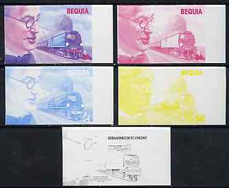 St Vincent - Bequia 1986 Locomotives & Engineers (Leaders of the World) $4.00 (Oliver Bullied & Battle of Britain Class) set of 5 imperf progressive proofs comprising the 4 individual colours plus blue & magenta composite* unmounted mint