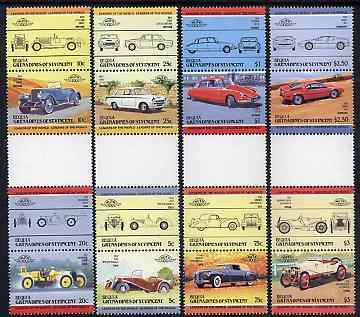 St Vincent - Bequia 1984 Cars #2 (Leaders of the World) set of 16 in se-tenant gutter pairs (folded through gutters or perfs) from uncut archive proof sheet unmounted mint
