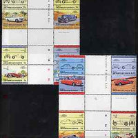 St Vincent - Bequia 1984 Cars #2 (Leaders of the World) set of 16 in se-tenant cross-gutter blocks (folded through gutters or perfs) from uncut archive proof sheet, some split perfs & wrinkles but a rare archive item unmounted mint