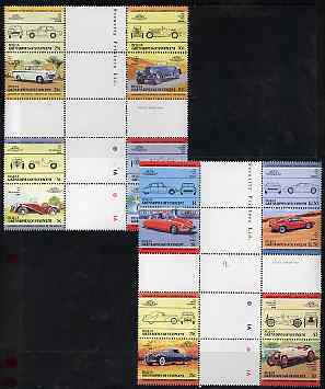 St Vincent - Bequia 1984 Cars #2 (Leaders of the World) set of 16 in se-tenant cross-gutter blocks (folded through gutters or perfs) from uncut archive proof sheet, some split perfs & wrinkles but a rare archive item unmounted mint
