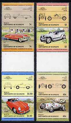 St Vincent - Bequia 1984 Cars #1 (Leaders of the World) set of 8 in se-tenant gutter pairs (folded through gutters or perfs) from uncut archive proof sheet, unmounted mint