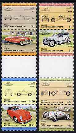 St Vincent - Bequia 1984 Cars #1 (Leaders of the World) set of 8 in se-tenant gutter pairs (folded through gutters or perfs) from uncut archive proof sheet, unmounted mint